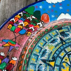 Mexican Folk Art Plate Terracotta Pottery Wall Hanging Hand Painted 16”
